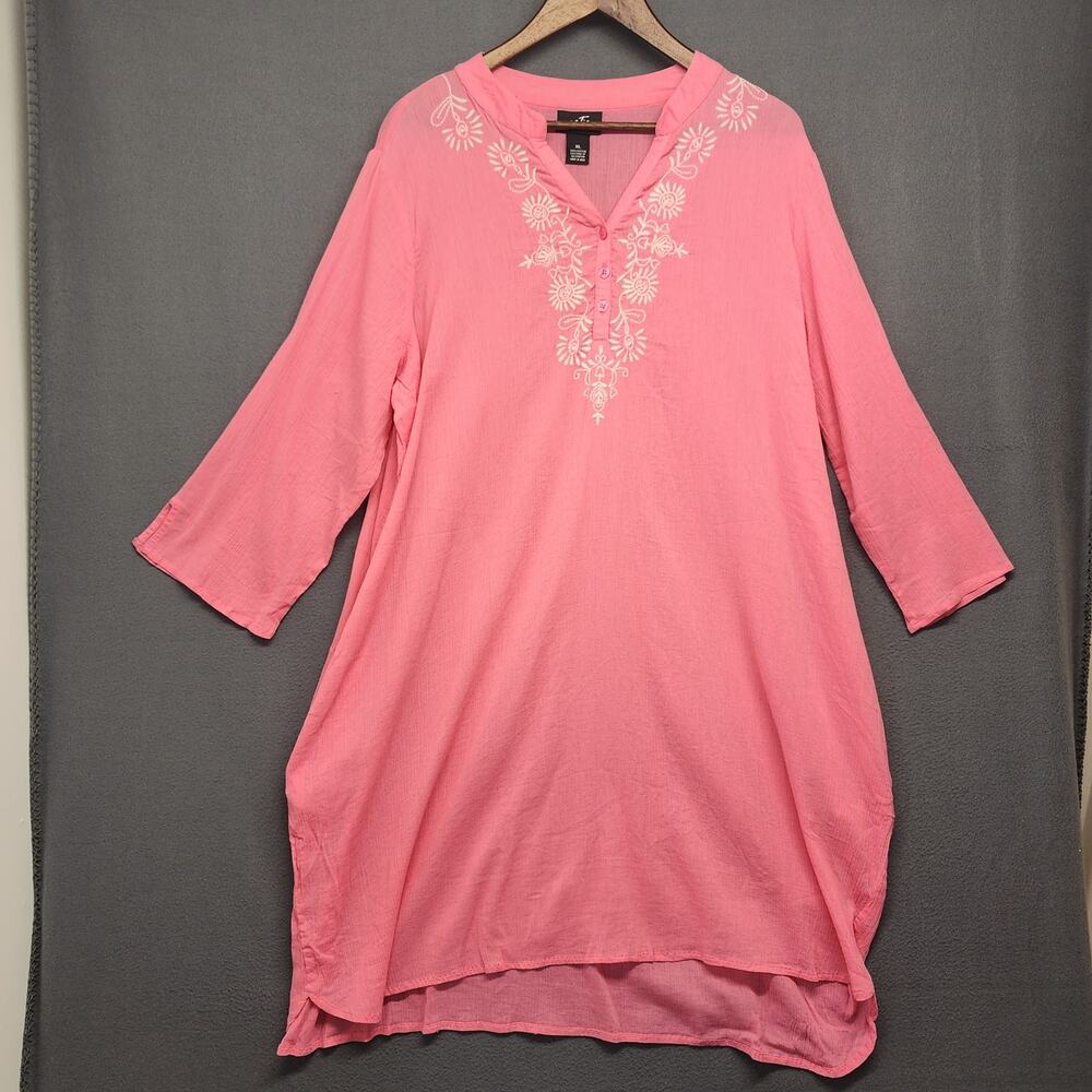 Patio Casuals Tunic Womens XL Pink Embroidered V Neck Boho Beachy Lightweight